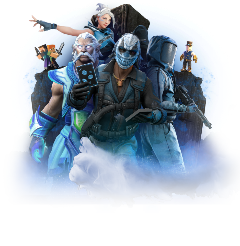 Spielcharaktere aus Fortnite, Valorant, Minecraft und Roblox